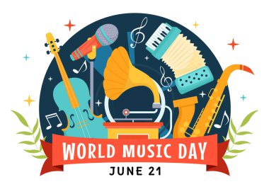 Dünya Müzik Günü Vektör İllüstrasyonu 21 Haziran 'da Çeşitli Müzik Enstrümanları ve Notları Düz Çizgi Film Arkaplan Tasarımı ile