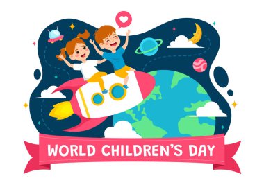 Çocuklarla Çocuklar Günü Vektör İllüzyonunuz kutlu olsun Kutlama çizgi filmi Parlak Gökyüzü Mavi Arkaplan ve Yeşil Alan Tasarımı