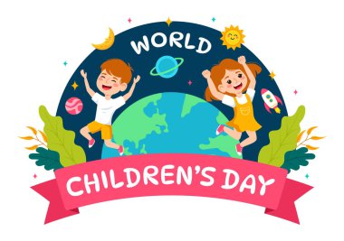 Çocuklarla Çocuklar Günü Vektör İllüzyonunuz kutlu olsun Kutlama çizgi filmi Parlak Gökyüzü Mavi Arkaplan ve Yeşil Alan Tasarımı