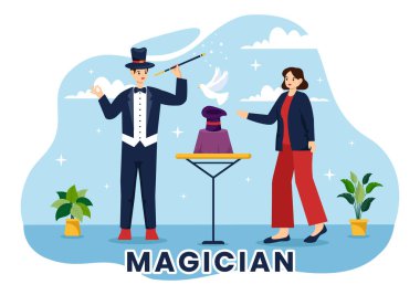 Sihirbaz Vektör İllüzyonu Sihirbaz Sihirbaz Sihirbazlık Numaraları ve Sihirli Asayı Düz Çizgi Filmde Bir Sahnede Şapkasının Üzerinde Sallıyor