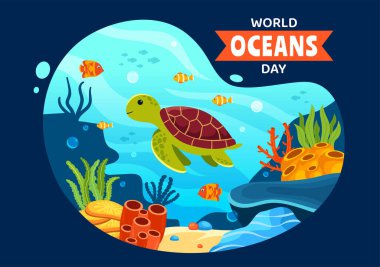 Okyanus, Balık, Ekosistem veya Deniz Bitkilerinin Düz Arkaplan Tasarımı 'nda Korunmasına ve Korunmasına Yardım Etmek İçin Dünya Okyanusları Gündüz Vektör İlülasyonu