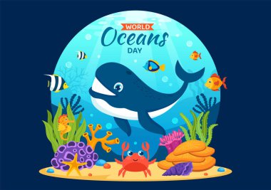 Okyanus, Balık, Ekosistem veya Deniz Bitkilerinin Düz Arkaplan Tasarımı 'nda Korunmasına ve Korunmasına Yardım Etmek İçin Dünya Okyanusları Gündüz Vektör İlülasyonu