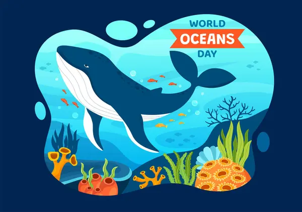 Okyanus, Balık, Ekosistem veya Deniz Bitkilerinin Düz Arkaplan Tasarımı 'nda Korunmasına ve Korunmasına Yardım Etmek İçin Dünya Okyanusları Gündüz Vektör İlülasyonu