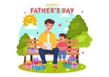 Baba ve Oğlu ve Kızıyla Mutlu Babalar Günü Vektör İllüzyonu Düz Çocuk Çizgi Film Tasarımı 'nda Birlikte Oynuyor