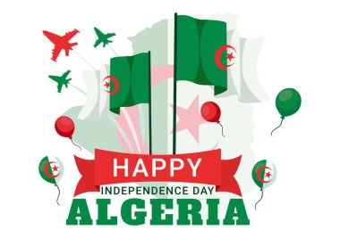 Mutlu Cezayir Bağımsızlık Günü Vektör İllüstrasyonları Ulusal Bayram Düz Çizim Arkaplan Tasarımı 'nda Sallanan Bayrak ve Harita