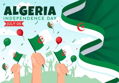 Mutlu Cezayir Bağımsızlık Günü Vektör İllüstrasyonları Ulusal Bayram Düz Çizim Arkaplan Tasarımı 'nda Sallanan Bayrak ve Harita