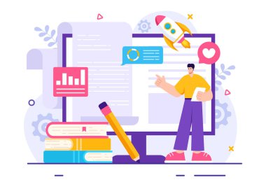 Sayısal Yayıncılık İçeriği Blog Pazarlama Sosyal Medya veya Düz Çizgi Film Arkaplan Tasarımı Webpage Organizasyonu Yazı Vektörü İllüstrasyonu