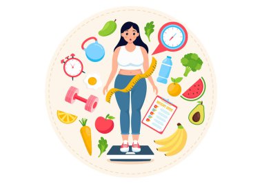 Kadın Vücut Dönüşümünün Kilo Kaybı Gösterimi Spor, Diyet ve Sağlıklı Yaşam Tarzı Düz Çizgi Film Arkaplanında