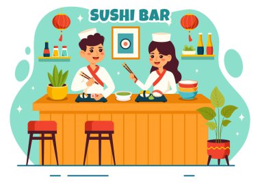 Japon Asya Yemeklerinin Suşi Bar Vektör İllüstrasyonu veya Sashimi Restoranı Soya Sosu ve Wasabi ile Yemek İçin Düz Çizgi Film Arkaplanda