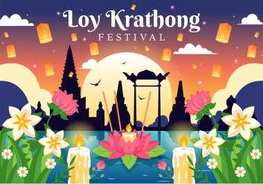 Loy Krathong Fenerler ve Krathonglar Düz Çizgi Film Arkaplanında Su Dizaynında Yüzen Krathong Festivali Kutlaması
