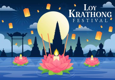 Loy Krathong Fenerler ve Krathonglar Düz Çizgi Film Arkaplanında Su Dizaynında Yüzen Krathong Festivali Kutlaması