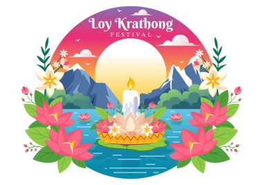 Loy Krathong Fenerler ve Krathonglar Düz Çizgi Film Arkaplanında Su Dizaynında Yüzen Krathong Festivali Kutlaması