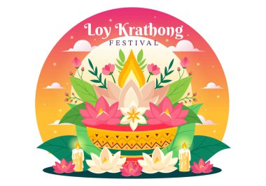 Loy Krathong Fenerler ve Krathonglar Düz Çizgi Film Arkaplanında Su Dizaynında Yüzen Krathong Festivali Kutlaması
