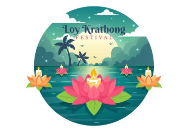 Loy Krathong Fenerler ve Krathonglar Düz Çizgi Film Arkaplanında Su Dizaynında Yüzen Krathong Festivali Kutlaması