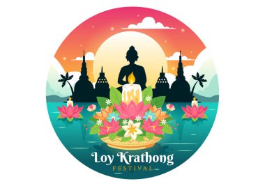 Loy Krathong Fenerler ve Krathonglar Düz Çizgi Film Arkaplanında Su Dizaynında Yüzen Krathong Festivali Kutlaması