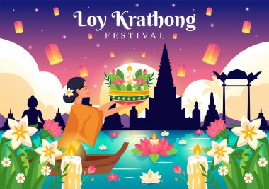Loy Krathong Fenerler ve Krathonglar Düz Çizgi Film Arkaplanında Su Dizaynında Yüzen Krathong Festivali Kutlaması