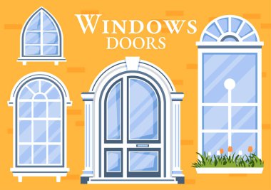 Düz Çizgi Film Arkaplanındaki Kapılar ve Pencereler Değişik Şekiller, Renkler ve Boyutlarla Ev Mimarisi Vektör Resimleri