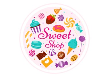 Tatlı Dükkan Vektörü İllüstrasyonu: Çeşitli Pastane Ürünleri, Kek, Pasta, Pasta veya Şekerleme Düz Çizgi Film Tasarımı