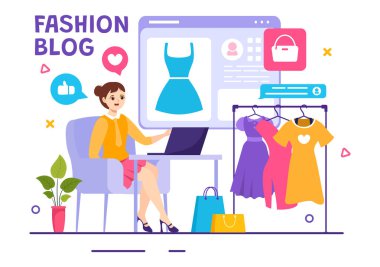 Moda Blog Vektörü İllüstrasyonunda Blogcular Moda Kıyafetleri Videolarını Gözden Geçirir ve Düz Çizgi Film Biçiminde Çevrimiçi Çalıştırır