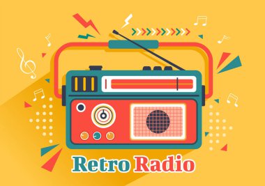 Kayıt, Eski Alıcı, Röportajlar, Ünlülerle Röportajlar ve Düz Çizgi Film Arkaplanda Müzik Dinleme Tarzı ile Retro Radyo Vektörü İlülasyonu