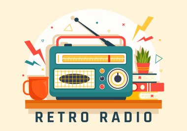 Kayıt, Eski Alıcı, Röportajlar, Ünlülerle Röportajlar ve Düz Çizgi Film Arkaplanda Müzik Dinleme Tarzı ile Retro Radyo Vektörü İlülasyonu