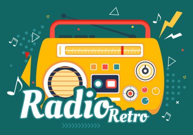 Kayıt, Eski Alıcı, Röportajlar, Ünlülerle Röportajlar ve Düz Çizgi Film Arkaplanda Müzik Dinleme Tarzı ile Retro Radyo Vektörü İlülasyonu