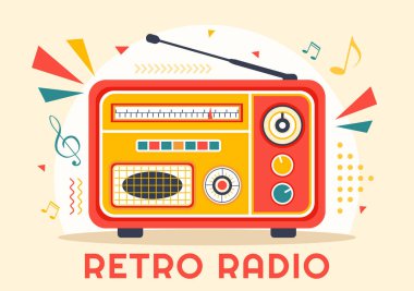 Kayıt, Eski Alıcı, Röportajlar, Ünlülerle Röportajlar ve Düz Çizgi Film Arkaplanda Müzik Dinleme Tarzı ile Retro Radyo Vektörü İlülasyonu