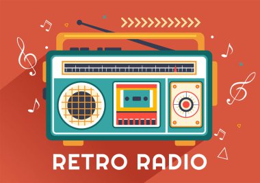 Kayıt, Eski Alıcı, Röportajlar, Ünlülerle Röportajlar ve Düz Çizgi Film Arkaplanda Müzik Dinleme Tarzı ile Retro Radyo Vektörü İlülasyonu