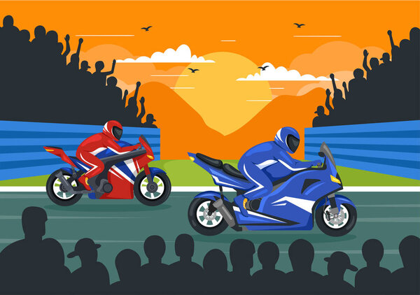 Racing Motosport Speed Bike Vector Illustration for Competition or Championship Race by Wearing Sportswear and Equipment in Flat Cartoon Background
