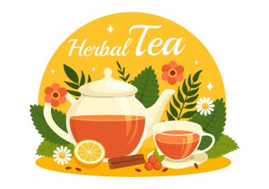 Yeşil Papatya Yapraklı Bitkisel Çay Vektörü İllüstrasyonu ve Yassı Çizgi Film Arkaplanındaki Dayanıklılığı Artırmak İçin Çiçek Karışımı