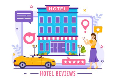 Derecelendirme Servisi ile Hotel Reviews Vector Illustration, Sınıflandırılmış Müşteri, Ürün veya Düz Çizgi Film Deneyimi Kullanıcı Memnuniyeti