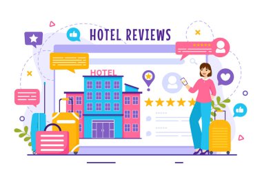 Derecelendirme Servisi ile Hotel Reviews Vector Illustration, Sınıflandırılmış Müşteri, Ürün veya Düz Çizgi Film Deneyimi Kullanıcı Memnuniyeti