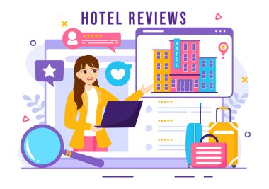 Derecelendirme Servisi ile Hotel Reviews Vector Illustration, Sınıflandırılmış Müşteri, Ürün veya Düz Çizgi Film Deneyimi Kullanıcı Memnuniyeti