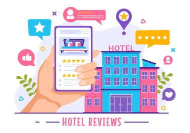 Derecelendirme Servisi ile Hotel Reviews Vector Illustration, Sınıflandırılmış Müşteri, Ürün veya Düz Çizgi Film Deneyimi Kullanıcı Memnuniyeti