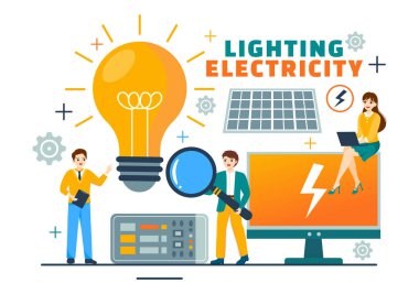 Lamba ve Enerji Bakım Hizmetleri Paneli Teknisyen Elektrik İşleri Kabinesiyle Elektrik Vektörü İllüstrasyonu Düz Arkaplan