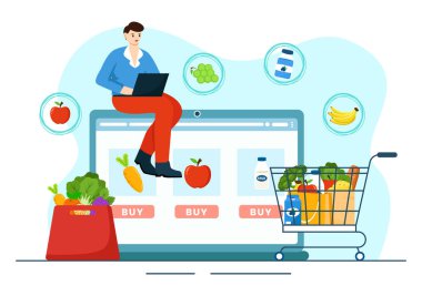 Gıda Ürünleri Raflarıyla Çevrimiçi Market Vektörü İllüstrasyonu, Raflar Süt Ürünleri, Arkaplandaki Telefon aracılığıyla Alışveriş Siparişi İçin Meyve ve İçecekler