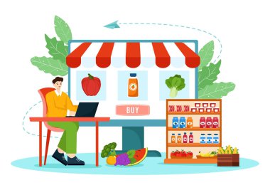 Gıda Ürünleri Raflarıyla Çevrimiçi Market Vektörü İllüstrasyonu, Raflar Süt Ürünleri, Arkaplandaki Telefon aracılığıyla Alışveriş Siparişi İçin Meyve ve İçecekler