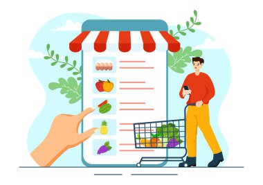 Gıda Ürünleri Raflarıyla Çevrimiçi Market Vektörü İllüstrasyonu, Raflar Süt Ürünleri, Arkaplandaki Telefon aracılığıyla Alışveriş Siparişi İçin Meyve ve İçecekler