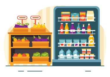 Süpermarkette Düz Arkaplanda Günlük İhtiyaçlar İçin Süpermarkette Yiyecek ve Ürünler Eşyasıyla Market Vektör İllüstrasyonu