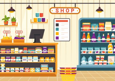Süpermarkette Düz Arkaplanda Günlük İhtiyaçlar İçin Süpermarkette Yiyecek ve Ürünler Eşyasıyla Market Vektör İllüstrasyonu