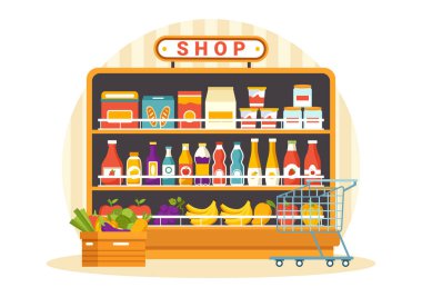 Süpermarkette Düz Arkaplanda Günlük İhtiyaçlar İçin Süpermarkette Yiyecek ve Ürünler Eşyasıyla Market Vektör İllüstrasyonu