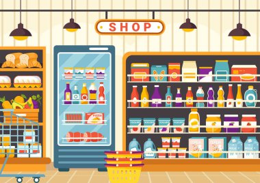 Süpermarkette Düz Arkaplanda Günlük İhtiyaçlar İçin Süpermarkette Yiyecek ve Ürünler Eşyasıyla Market Vektör İllüstrasyonu