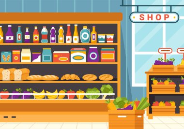 Süpermarkette Düz Arkaplanda Günlük İhtiyaçlar İçin Süpermarkette Yiyecek ve Ürünler Eşyasıyla Market Vektör İllüstrasyonu