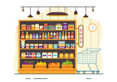 Süpermarkette Düz Arkaplanda Günlük İhtiyaçlar İçin Süpermarkette Yiyecek ve Ürünler Eşyasıyla Market Vektör İllüstrasyonu
