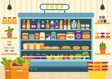 Süpermarkette Düz Arkaplanda Günlük İhtiyaçlar İçin Süpermarkette Yiyecek ve Ürünler Eşyasıyla Market Vektör İllüstrasyonu