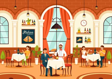 İtalyan Yemek Lokantası veya Kafeterya Vektör İllüzyonu Geleneksel İtalya Düz Çizgi Film Tasarımı İçinde Pizza Tabakları veya Makarna