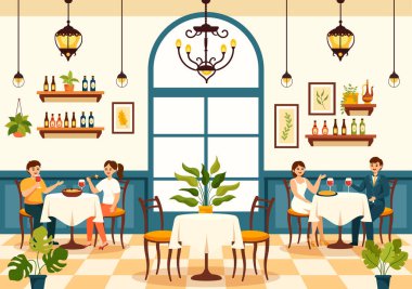 Düz Çizgi Film Tasarımı 'nda Çeşitli Yemek Menüsü Geleneksel Yemek Tarifi ve Mutfağı İle İspanyol Restoran Vektör Resimleri