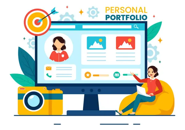 stock vector Personal Portfolio Vector Illustration with Profile Data, Resume or Self Improvement to Attract Clients and Employers in Flat Cartoon Background