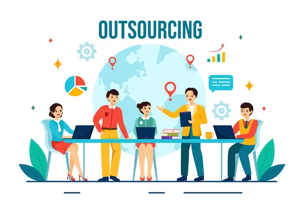 Ilustrasi Vektor Bisnis Outsourcing Dengan Ide Kerja Tim Pengembangan Perusahaan Stok Vektor