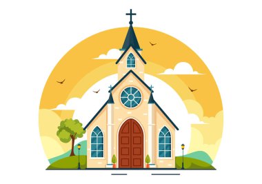Katedral Katolik Kilisesi Mimari, Ortaçağ ve Modern Kiliselerin Düz Çizgi Film Arkaplanındaki İç Tasarımı ile Vektör İllüzyonu